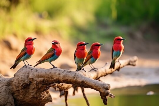 A group of colorful birds sitting on top of a tree branch