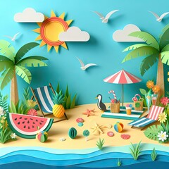 Fototapeta na wymiar Paper Craft Tropical Beach Scene