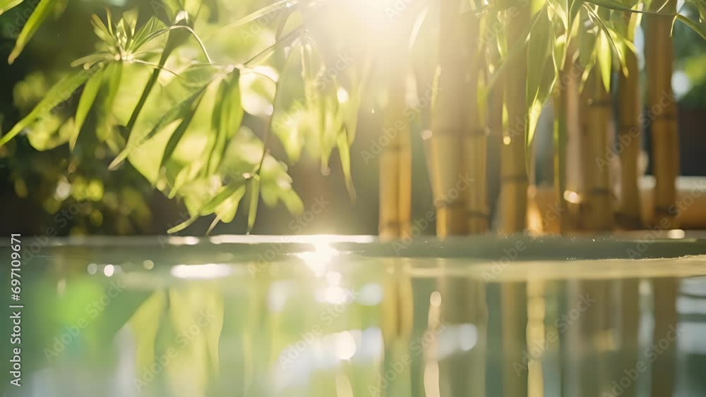 Poster closeup of the tranquil pool at the base of the bamboo fountain, reflecting the surrounding greenery