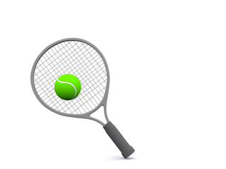 gray tennis racket and tennis ball on white isolated background 3d rendering