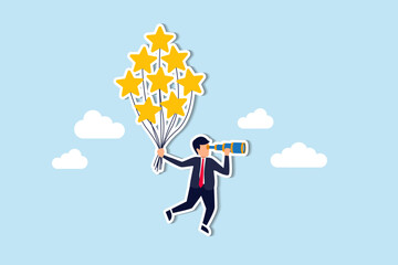 Evaluation or performance rating, reputation or customer satisfaction review, quality feedback or best service, positive stars rating, businessman flying with stars rating balloon look for future.