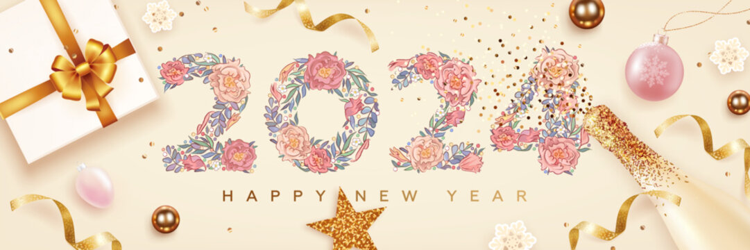 Happy new year 2024 composition with bottle of champagne, gift box and snowflakes on beige background. Festive banner or greeting card design template. Vector illustration