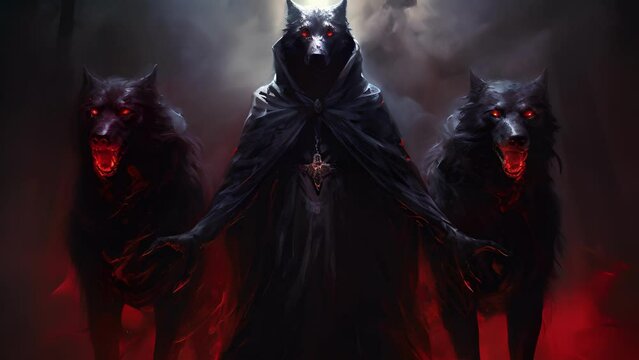 An ethereal being dressed in a flowing black robe is flanked by two hellhounds with Fantasy art concept.