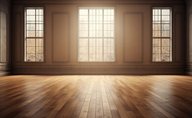 An empty room with wooden floors and windows
