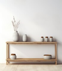 A wooden shelf with vases on top of it