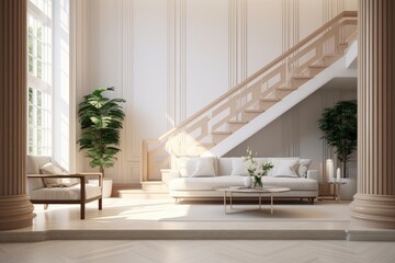 A living room filled with furniture and a stair case