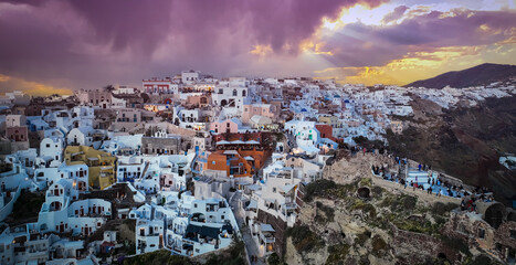 The famous of landscape view point as sunbeam  sky scene at Oia town on Santorini island, Greece
