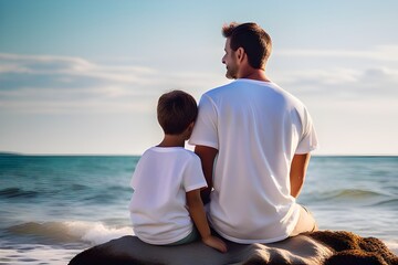Fototapeta premium firefly young father with his son wearing white t shirt sitting on shore of sea or ocean rear view