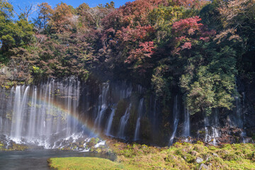See Mount Fuji thru Shiraito Falls with rainbow in autumn, Shizuoka, Japan - 697111649