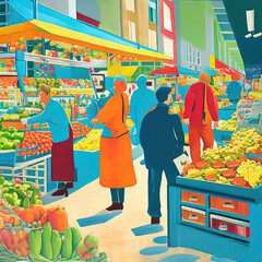 Obraz premium painting of people shopping in a grocery store with fruit and vegetables