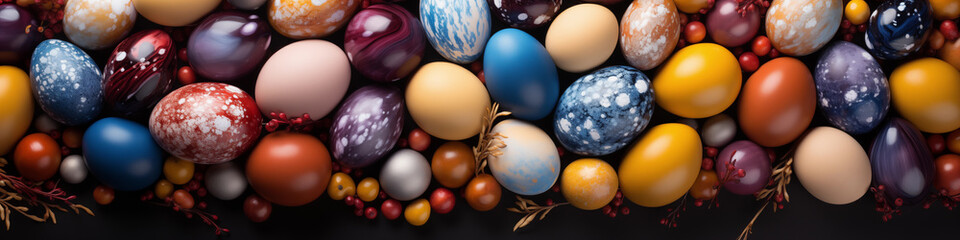 Obraz na płótnie Canvas 1:4 or 4:1 Eggs and bunnies mark the arrival of Easter, commemorating the resurrection of Jesus and spring.For web design, book cover,greeting cardbackgrounds, or other High quality printing projects.