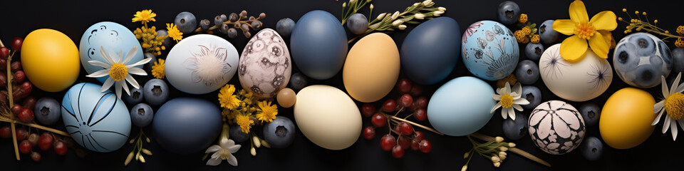 Fototapeta na wymiar 1:4 or 4:1 Eggs and bunnies mark the arrival of Easter, commemorating the resurrection of Jesus and spring.For web design, book cover,greeting cardbackgrounds, or other High quality printing projects.