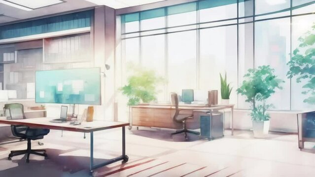 Illustration of an empty office space. Butterflies fluttering inside. Animated video with a watercolor style. Office, interior and workspaces concept.