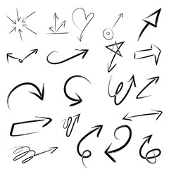 Direction pointers. Scribbles and scrawls. Charcoal arrows vector icons set. Hand drawn freehand different curved lines, swirls arrows. Doodle marker drawing, black chalk smears. 方向ポインタ。 落書きと走り書き。
