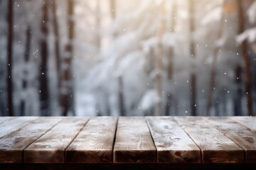 a wooden table with forest covered with snow and ice in background