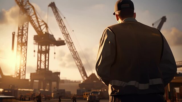 Standing strong against the bery wind a Construction Worker strikes a powerful pose in the foreground of a towering crane and a bustling construction zone.