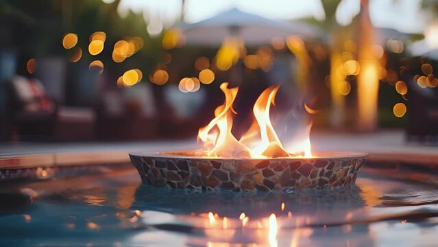 Closeup of the intimate glow of a smaller fire feature, perfect for a cozy evening by the pool with loved ones.
