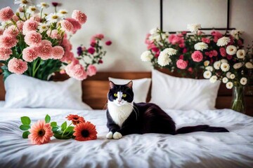 cat on bed with flowers
