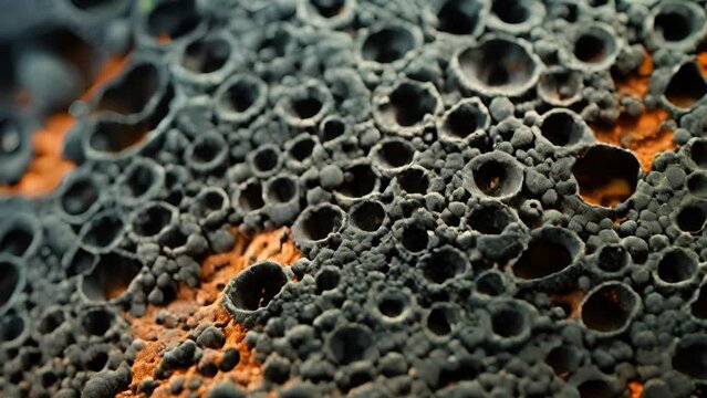 A micrograph of a biochar particle, a sustainable soil amendment made from plant waste that helps improve soil structure and increase carbon sequestration.