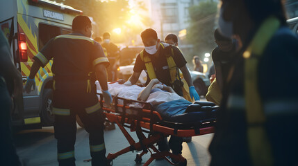 Team of Asian EMS Paramedics React Quick to Provide medical assistance to the injured patient and transport him in the ambulance using a stretcher. An emergency care assistant arrives at the scene. - obrazy, fototapety, plakaty