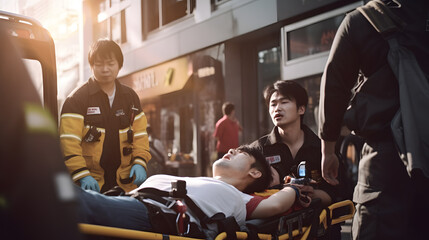 Fototapeta na wymiar Team of Asian EMS Paramedics React Quick to Provide medical assistance to the injured patient and transport him in the ambulance using a stretcher. An emergency care assistant arrives at the scene.