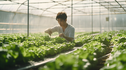Photograph of Asian man growing organic vegetables in greenhouses, organic vegetable plots, green vegetables , daytime. Generative AI.