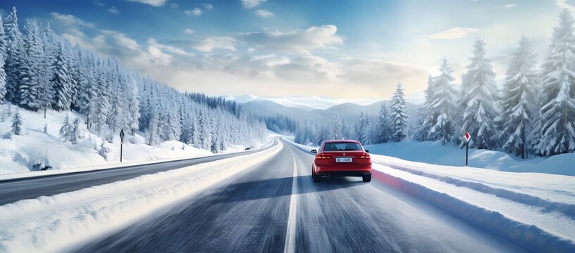 a car moving fast with speed on a highway road with snow in winters