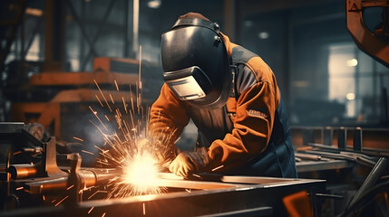 Welder welding steel in factory, welding mask, protective clothing. Generative AI.