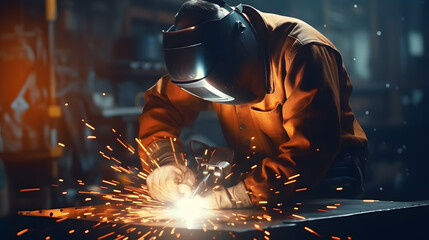 Welder welding steel in factory, welding mask, protective clothing. Generative AI. - obrazy, fototapety, plakaty