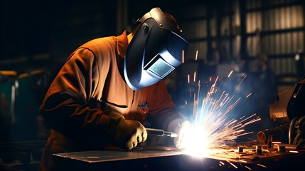 Welder welding steel in factory, welding mask, protective clothing. Generative AI.