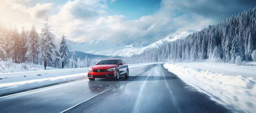 a car moving fast with speed on a highway road with snow in winters