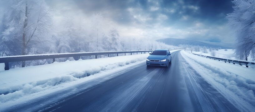 a car moving fast with speed on a highway road with snow in winters