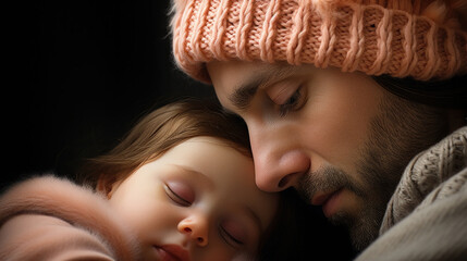In a quiet and tender moment, a father and child share a loving embrace, wrapped in a peach fuzz scarf that enhances the warmth of their connection. - obrazy, fototapety, plakaty