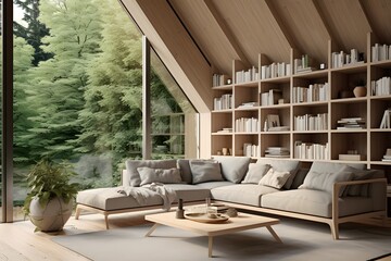a modern living room with comfortable sofa and a library with books