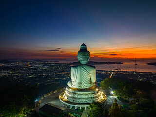 .aerial view amazing red light at horizon in twilight at Phuket big Buddha..bright red sky at...