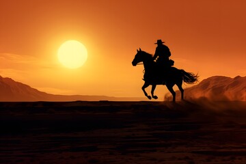 Fototapeta na wymiar silhouette of a man riding a horse in a desert with sun in background