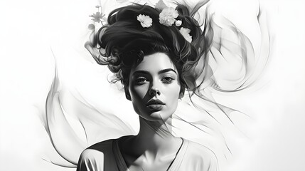 Ethereal Portrait with Nature’s Flourish and Flowing Grace, A Monochromatic Portrait with Floral Elements, Ethereal Portrait with Floral Ascendancy and Smoky Illusion. Generative AI