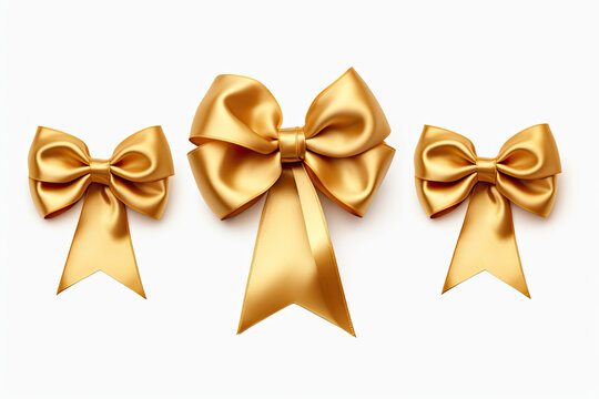A gold ribbon and bow Christmas, birthday and valentines day present decoration set isolated against a white background.
