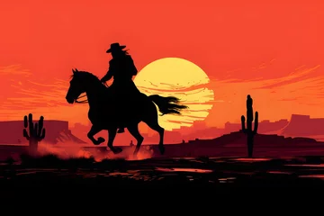 Keuken foto achterwand silhouette of a man riding a horse in a desert with sun in background © DailyLifeImages