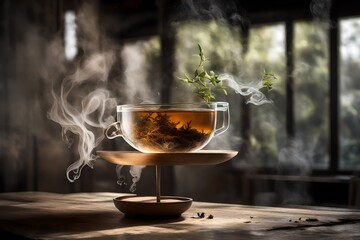 hot coffee background with steam rising from the tera pot full complete tea set with tea in it placed ont he table outside the lawn with mint leaf placed on it for tastea nd beauty abstract background - obrazy, fototapety, plakaty