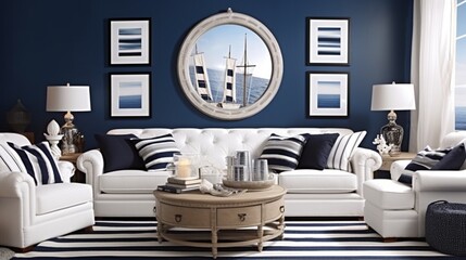 Embrace a maritime theme with navy blue and white hues, rope accents, porthole mirrors, and ship-inspired decor for a coastal feel.