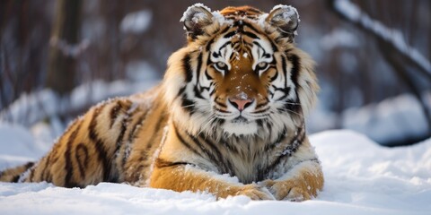 a tiger sitting on the ground covered in snow, generative AI