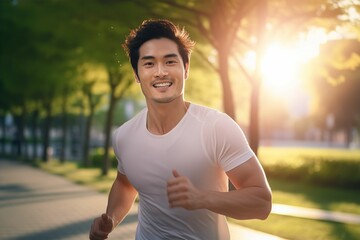 公園でランニング/ジョギングをしている日本人男性（筋トレ・ヘルスケア・運動） 