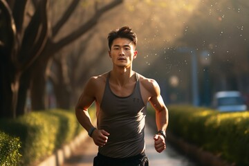 公園でランニング/ジョギングをしている日本人男性（筋トレ・ヘルスケア・運動）  - obrazy, fototapety, plakaty