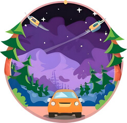 Fototapeta premium cartoonist car on the road at night, transparent background