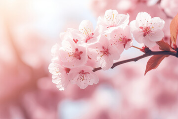 Obraz premium Pink cherry tree blossom flowers blooming in springtime against a natural sunny blurred garden banner background of pale pastel colours.