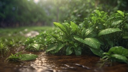 Fototapeta premium Vibrant green foliage with raindrops on leaves 