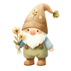 watercolor vintage spring gnome with flowers clipart