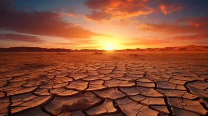 Foto auf Acrylglas Global warming concept.Soil drought cracked landscape on sunset sky.Dry cracks in the land, serious water shortages.Drought concept. © Amonthep