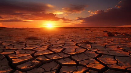 Global warming concept.Soil drought cracked landscape on sunset sky.Dry cracks in the land, serious water shortages.Drought concept. - obrazy, fototapety, plakaty
